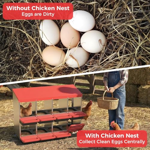 8-Compartment Chicken Nesting Box, Heavy Duty Galvanized Steel Poultry Nest Box, Wall Mount/Freestanding Design for Hens, Ducks, Backyard Homesteads & Farm Use, Red, with Soft Mats, No Stand - color: Red, size: 8 Room&Mat Board