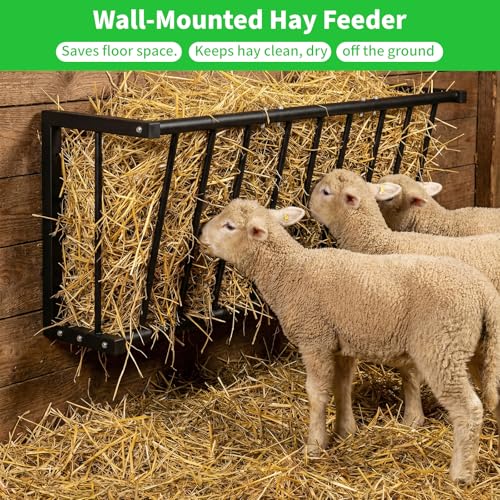 Wall Mount Hay Rack for Goats, Sheep, Horses – Heavy Duty 25 Gallon Livestock Hay Feeder, Hanging Blanket Holder with Rust Resistant Coating, Space Saving Farm Goat Feeder for Indoor, Outdoor Use - size: 25 Gallon