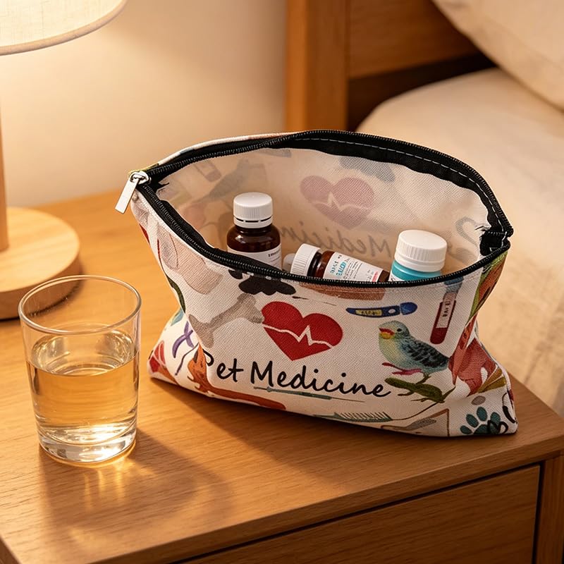 Pet Medicine Cosmetic Bag Watercolor Veterinary Pet First Aid Kit Makeup Bag Portable Travel Pouch Canvas Emergency Bags Gifts For Pet Medication Toiletry Storage Pouches