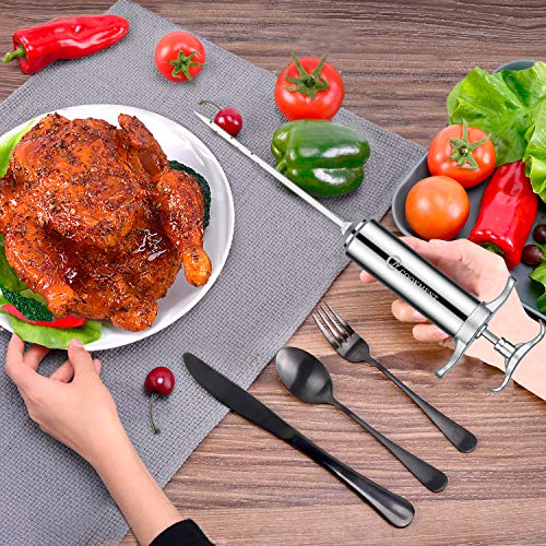 Meat Injector Syringe 2-oz Marinade Flavor Barrel 304 Stainless Steel with 3 Professional Needles 2 Cleaning Brushes and 4 Silicone O-Rings