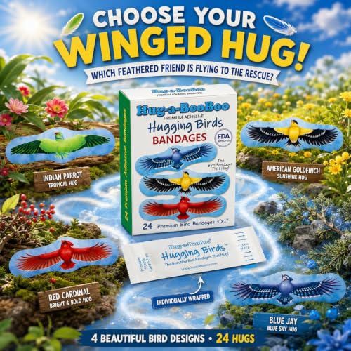 Hugging Birds - Premium Adhesive Bird Bandages from Hug-a-BooBoo, The Bird Bandages that Hug! Pretty Colorful Birds - American Goldfinch, Blue Jay, Red Cardinal, Indian Parrot 24 Ct Box - size: 24ct, style: Hugging Birds