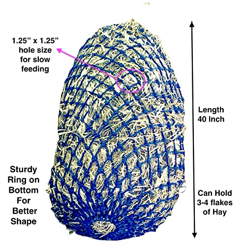 Majestic Ally 1.25”x1.25” Holes Ultra Slow Feed 40” Very Sturdy Hay Net with Bottom Ring for Goat, Sheep, Simulate Grazing and Reduces Waste (Royal Blue) - color: Royal Blue