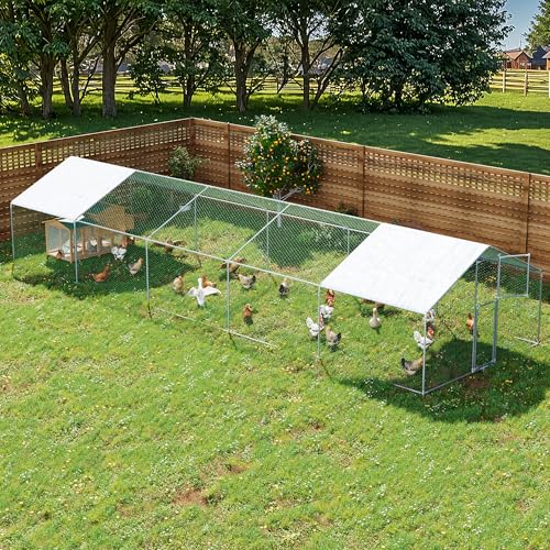 Large Metal Chicken Coop,19.7x9.8x6.4 FT Chicken Run for Yard with Waterproof & Anti-UV Cover,Walk in Chicken Pen with Feeding Door (32.8 * 9.8 * 6.4 ft) - size: 393.5"L x 118.1"W x 76.8"H