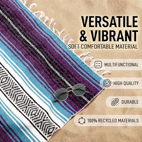 Hydration Nation Authentic Extra Large Mexican Blanket (70"x50") - Handwoven Yoga, Serape- Artisanal Falsa, Beach, Camping, Picnic, Outdoor - Purple Haze - color: Purple Haze