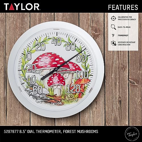 Taylor Forest Mushrooms Indoor Outdoor Dial Thermometer, Wireless Thermometer with Easy to Read Numbers for Patio, Pool, Garage and Indoor Areas, 8.5-inch, White - style: Forest Mushroom