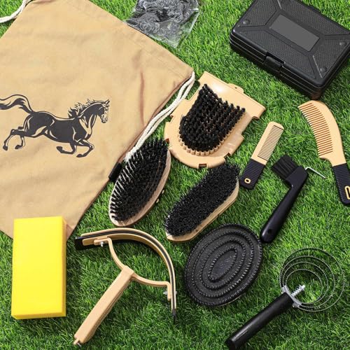 Abbylike 12 Pieces Horse Grooming Kit Racing Festival Tack Room Supplies Horse Brush Sets Equine Care Cleaning Kit Shedding Grooming Massaging Tools(Black) - color: Black