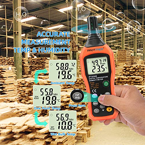 Protmex Digital Temperature Humidity Meter, Thermometer Hygrometer with Ambient Dew Point and Wet Bulb Temperature Indoor and Outdoor, Data Logger with Min/Max Hold, LCD Backlight, PT6508