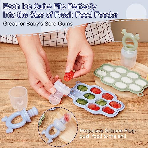 KingKam Breastmilk Popsicle Molds & Baby Fruit Feeder Teether (2 Set) | Teething Gum Cooling Relief, Food Freezer Tray with Lid, for Pureed Vegetables, BPA Free Silicone, Dishwasher Safe，4 Month+ - color: Blue / Green