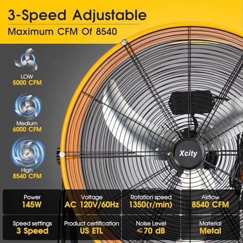 Xcity 24 Inch Heavy Duty Drum Fan, High Velocity 8700 CFM Industrial Air Circulator, 3-Speed & 360° Adjustable Tilt, Powerful Cooling for Warehouse, Commercial, Factory, Garage & Workshop - size: Drum Fan 24" Metal