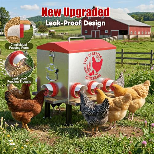Pawaboo 55LBS Large Capacity Automatic Chicken Feeder | 2026 Upgraded No Waste Poultry Feeder, 7 Feeding Ports, Viewable Feed Level Window - color: Red + Silver