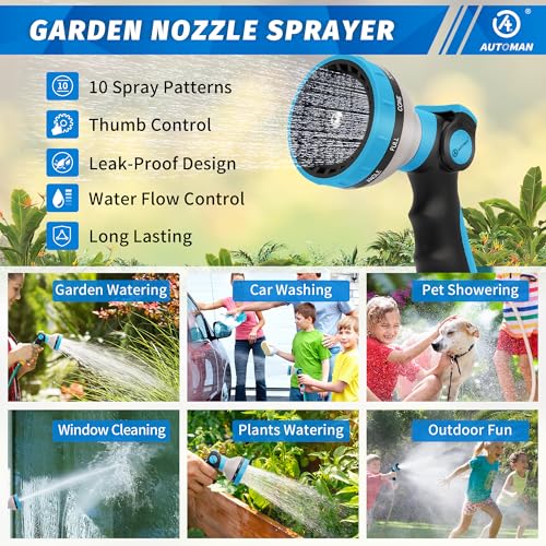 AUTOMAN Garden Hose Nozzle Sprayer - 10 Spray Patterns, 2 Pack Thumb Control Water Hose Nozzle Outdoor, Heavy Duty Spray Nozzles for Watering Garden, Cleaning Window, Washing Car, Showering Pets - color: Blue