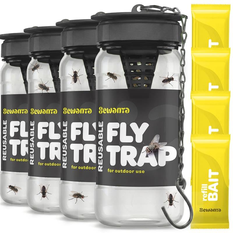 Outdoor Fly Trap [4 Pack] Fly Traps Outdoor with Dissolvable Non-Toxic Bait - Fly Repellent for Outdoor Use Only - Controls Flies for Patios, Barns, Ranches Etc. Hanging Fly Traps with Tie Included - size: 4 Pk