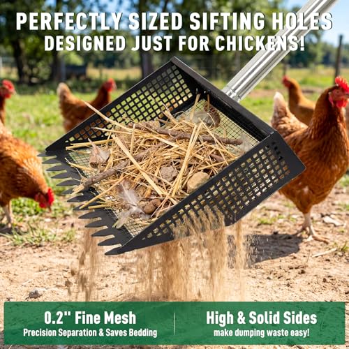 Large Chicken Poop Scooper: 2-in-1 Metal Pooper Scooper & Rake Adjustable 62" Long Handle Stainless Steel Sand Sifting Litter Shovel Chicken Coop Scoop Cleaning for Bedding Goats Bright Black - color: Bright Black