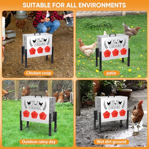 ‎Tgeyd 30 lb Large Capacity Automatic Chicken Feed Box with 6 Upgraded House-Shaped Flow Ports, Heavy-Duty Outdoor Metal Feeder with Adjustable Height & Locking Lid - color: Cockscomb Red