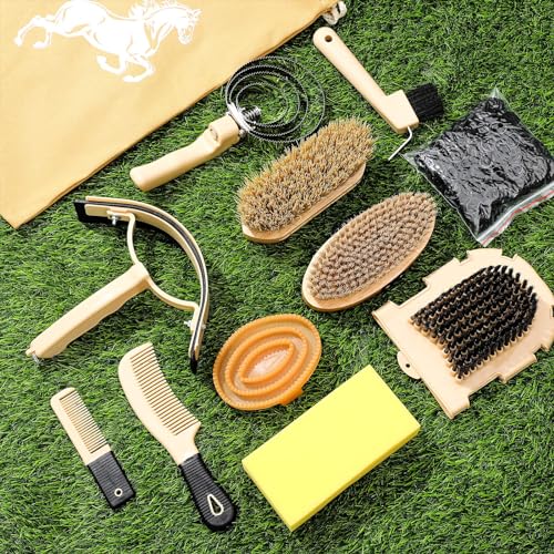 Abbylike 12 Pieces Horse Grooming Kit Racing Festival Tack Room Supplies Horse Brush Sets Equine Care Cleaning Kit Shedding Grooming Massaging Tools(Khaki) - color: Khaki