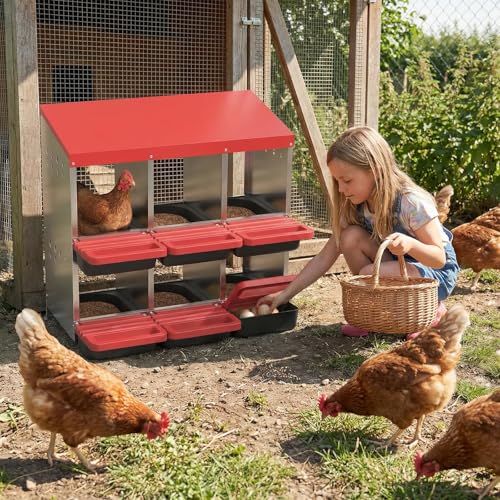 6-Compartment Chicken Nesting Box, Heavy Duty Galvanized Steel Poultry Nest Box, Wall Mount/Freestanding Design for Hens, Ducks, Backyard Homesteads & Farm Use, Red, with Soft Mats, No Stand - color: Red, size: 6 Room&Mat Board