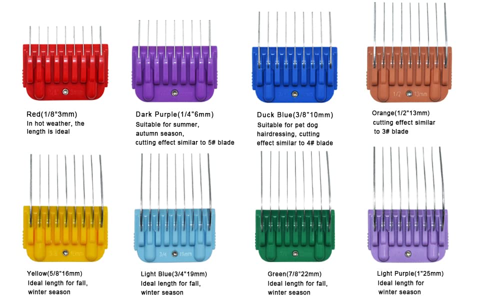 Dog Stainless Steel 8 Color Comb Compatible with andis oster A5 wahl km10 | Only fit for 10#/15#/30# Detachable Blade，Guide Comb Set Cutting Length 1/8 Inch to 1 Inch(3-25mm) - color: 8 PACK