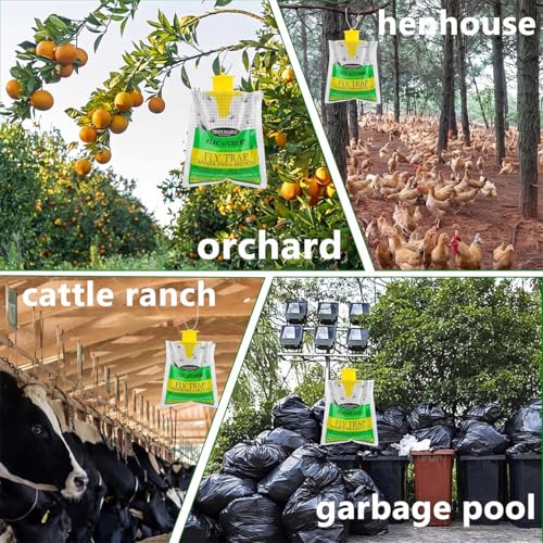 Fly Traps Outdoor Hanging, Natural Pre-Baited Bug Catcher Bags, Non-Toxic Flying Insect Killer for Outside Home, Patio, Trash Can, Horse Stables, Farm, Pastures, Backyard & Camping,4 Pack