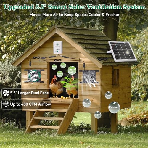 Solar Powered Exhaust Fan with Battery, 25W Solar Panel Dual 5.5 Inch Fans, 450 CFM IPX7 Waterproof Solar Ventilation Fan Kit for Chicken Coop, Greenhouse, Shed, Garage, Dog House