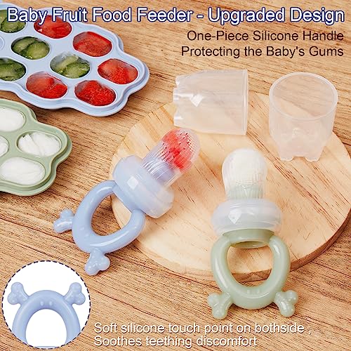 KingKam Breastmilk Popsicle Molds & Baby Fruit Feeder Teether (2 Set) | Teething Gum Cooling Relief, Food Freezer Tray with Lid, for Pureed Vegetables, BPA Free Silicone, Dishwasher Safe，4 Month+ - color: Blue / Green