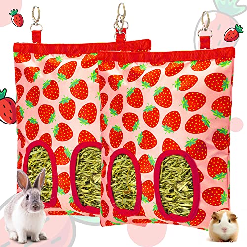 2Packs Large Rabbit Hay Feeder Bag, Upgraded Guinea Pig Hay Feeder with 3 Hooks, Chew Proof Washable Hay Bag for Rabbits Bunny Chinchilla Hamster, Mess Free Grass Holder 2 Holes, 9.8x11.4 Inch - color: Strawberry+Strawberry