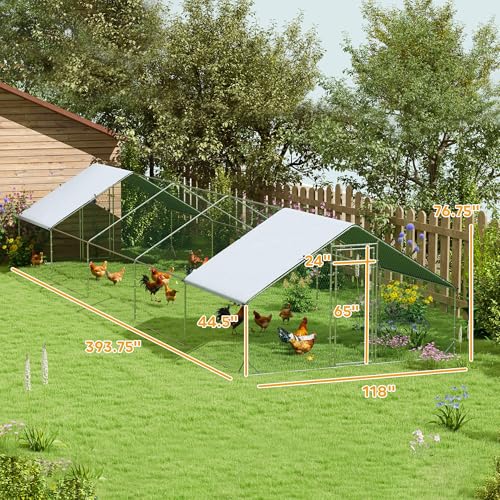 PawHut Large Chicken Coop w/Waterproof Anti-UV Cover 33' x 10' x 6.4' | Metal Chicken Run, Spire Shaped Walk in Hen House Cage for 30-40 Hens Ducks Poultry, Outdoor Yard Farm, 1" Tube Diameter - size: 393.7"L x 118.1"W x 76.8"H