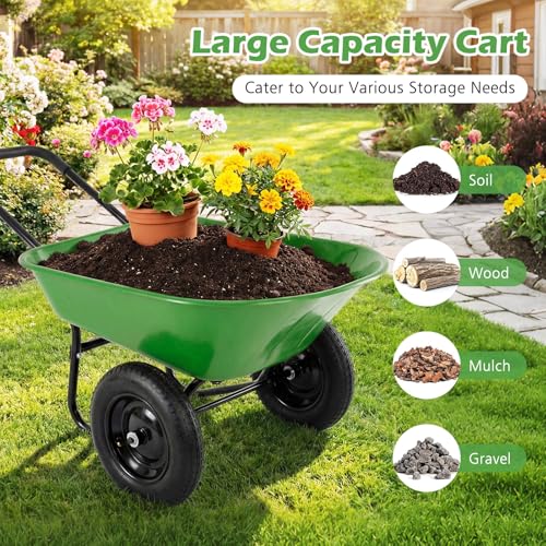 IRONMAX Dual-Wheel Wheelbarrow with All-Terrain Wheels, 220LBS, Light Green | Heavy Duty Wheel Barrow Gardening Cart, Yard Cart with Built-In Stand for Lawn, Farm & Planting - color: Light Green