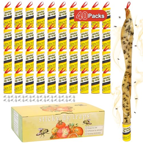 40 Pack Fly Strips Sticky Hanging Fly Trap Outdoor Indoor with Pins | Fly Glue Paper Tape Catcher Ribbon for Winged Insect & Mosquito for Orchard Farm Garage Kitchen