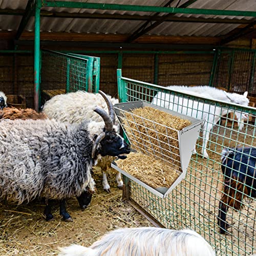 Wall Mount Hay Rack, Metal 2 in 1 Hay and Grain Feeder | Goat Hay Feeder,Livestock Feeder with Adjustable Distance, Hay Feeder for Goats, Sheep, Horse - color: Silver