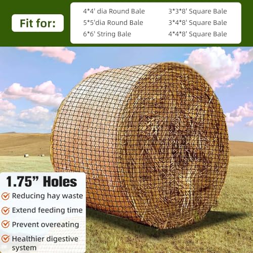 Large Round Bale Hay Net, Slow Feed Knotless Design Hay Net Feeder for Livestocks,Heavy Gauge Large Hay Net for Horses, Cattle, Sheep in Farms and Pastures, 1.75-inch Mesh (6×6ft) - color: 6×6 ft