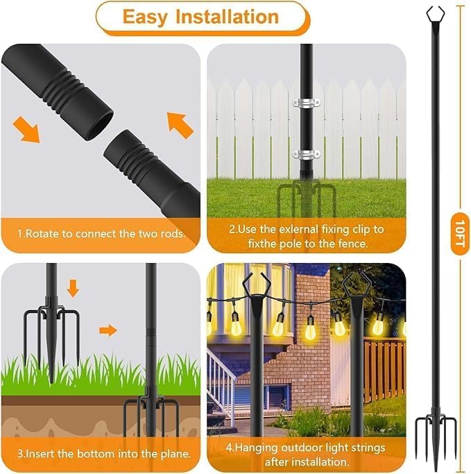LETIANPAI 10Ft String Light Poles 6 Pack,Light Poles for Outside Lights,Outdoor with Fence Brackets Hanging Lights,Metal Stand Deck Patio Backyard - size: 6 Pack-10FT