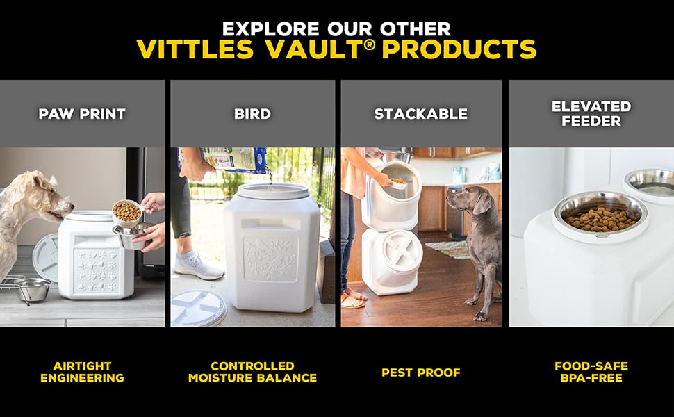 Vittles Vault Airtight Pet Food Storage Container + Scoop, Fits Up to 50lbs | Stores Dog Kibbles, Bird Seed, Oatmeal, Rice, Flour and Cereal in BPA Free Plastic, Sealed Airtight, Made in USA, with Scoop - size: 14.0"L x 14.0"W x 20.2"H