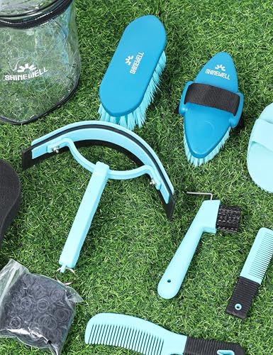 Shinewell Horse Grooming Kit, Complete Horse Brush Set, Equine Grooming Tools for Shedding & Daily Care Blue - color: Blue