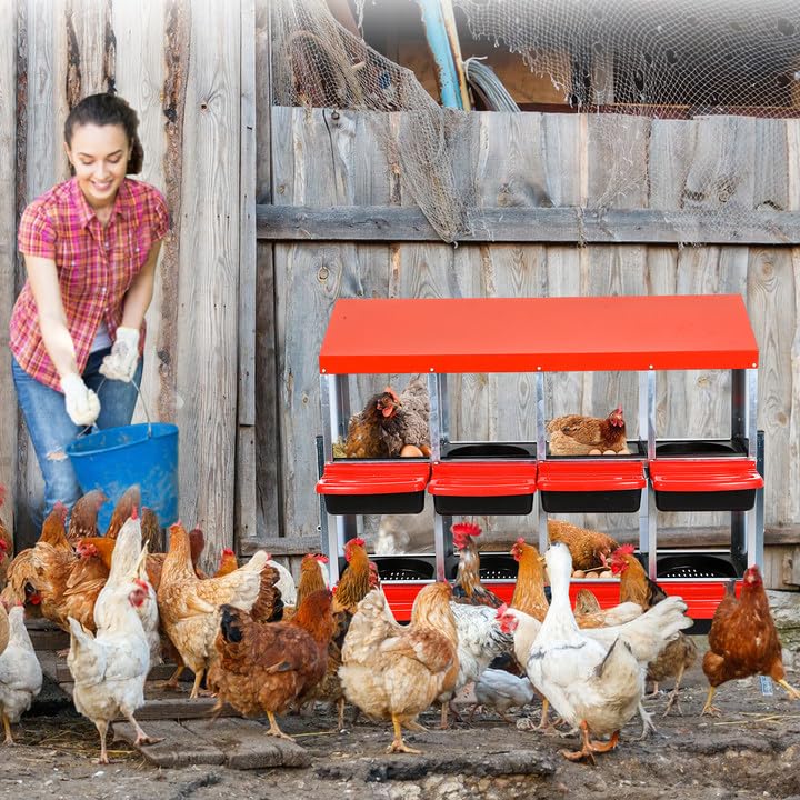 Garvee Chicken Nesting Boxes, 8 Hole Metal Chicken Laying Box with Removable Trays and Roll Out Egg Collection for Chicken Coop, Red, with Metal Legs