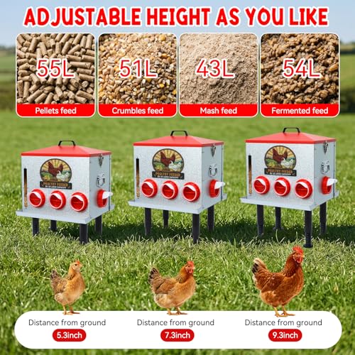 55LB Automatic Chicken Feeder Large with 8 No-Waste Ports | Large Poultry Feeder, Adjustable Legs, Viewing Window, Rainproof Lid, Locking Cover for Chickens, Ducks and Poultry