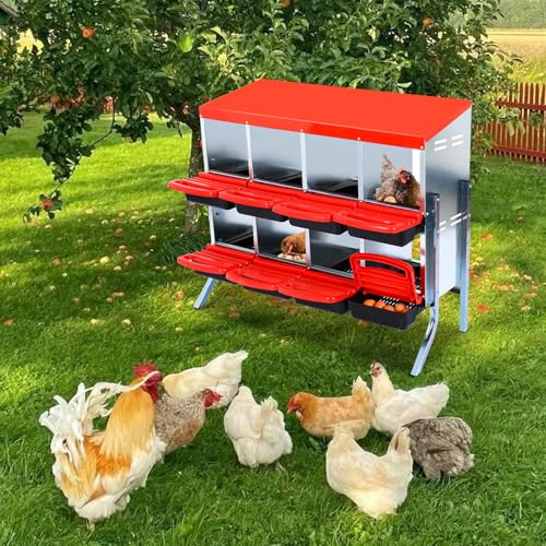 Garvee Chicken Nesting Boxes, 8 Hole Metal Chicken Laying Box with Removable Trays and Roll Out Egg Collection for Chicken Coop, Red, with Metal Legs
