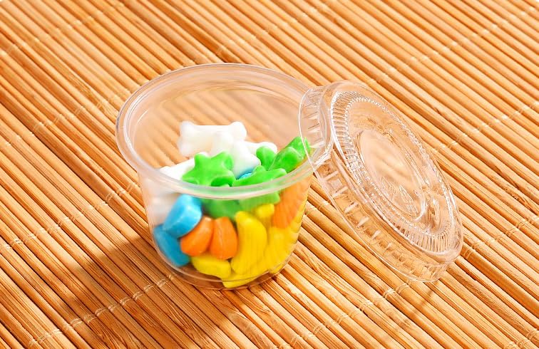 [1 OZ, 100 Sets] Clear Disposable Plastic Portion Cups With Leakproof Lids | Jello Shot, Condiment, Dipping Sauce, Souffle Cups | BPA Free | Recyclable - style: 1 OZ