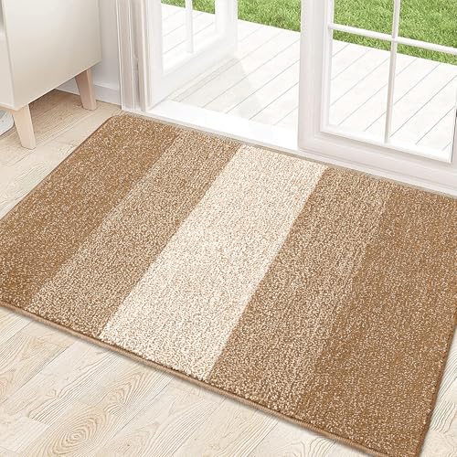 Kitinjoy Indoor Outdoor Door Mat, 32x20 Non-Slip Dirt Trapper Doormats | Camel Low-Profile Washable Inside Entrance Front Floor Mat, Sturdy Soft Entry Striped Doormats for Entryway - color: Camel, size: 32'' X 20''