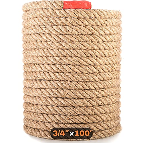 3/4" (20mm) Diameter Twisted Natural Fiber Rope: Heavy Duty Jute & Hemp Style Manila Rope for Crafts, Garden Fencing, Deck Railing & Outdoor Decorative Use (100ft Length) - size: 3/4 Inch 100Ft