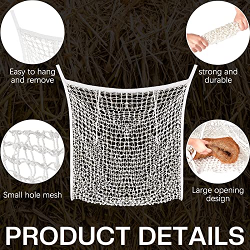 Riakrum 4 PCS Slow Feed Hay Net for Horses, 35 x 31 Inch Large Capacity Hay Bags for Horses Goats Sheep Donkey Trailer Full Day Feeding, Easy to Fill and Hang, White Stall Feeder