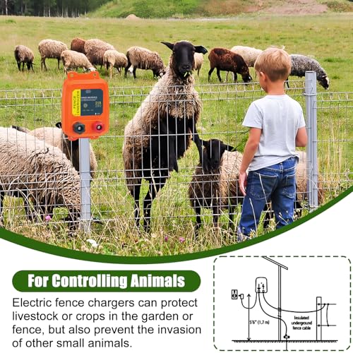 PE2 Electric Fence Charger, 2-Mile/ 8 Acres Electric Fence Charger,0.1 Joule Livestock Fence Chargers for Containing Dogs, Livestock and Preventing Wild Animals Intruding,Orange
