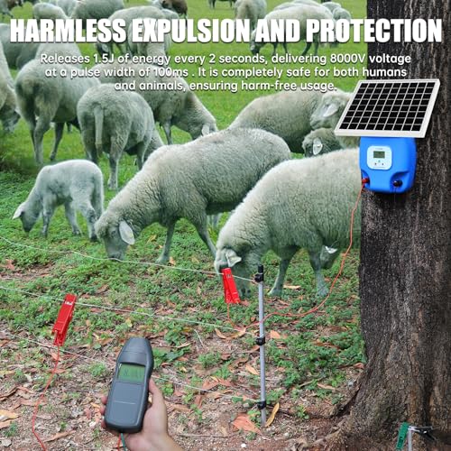 Solar Electric Fence Charger, 1.5 Joules Energizer with LCD Display, 8000 mAh Lithium Battery & 10W Solar Panel - Ideal for Livestock, Pet, Poultry, Gardens, Orchards Protection, 5-Mile Range