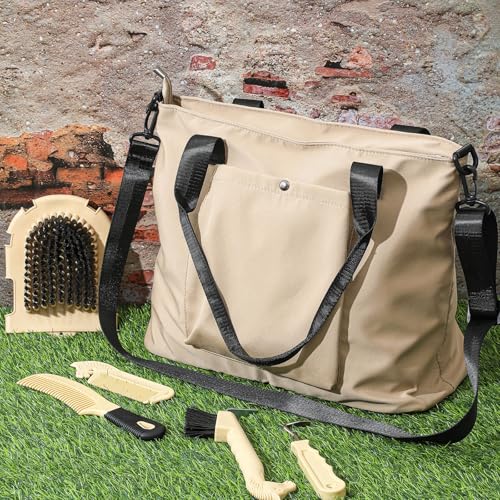 Abbylike 15 Pieces Horse Grooming Kit with Organizer Tote Bag Tack Room Supplies Horse Brush Sets Care Equine Cleaning Kit Shedding Grooming Massaging Tools (Beige) - color: Beige
