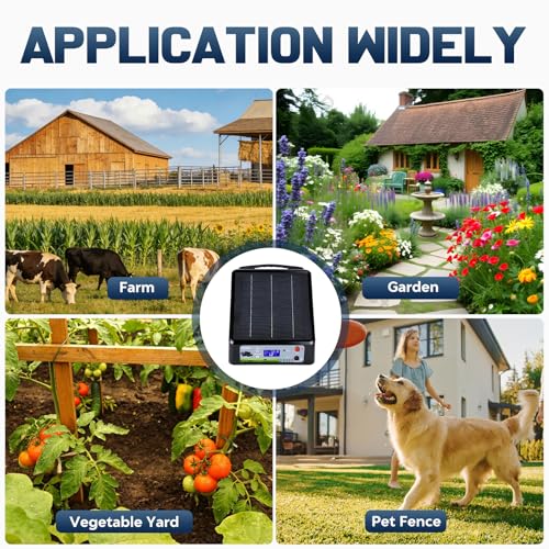 20 Miles Solar Electric Fence Charger, Adjustable Output Voltage: 6/8/10/12kV, 2J Solar Powered Electric Fence Charger Supports Battery/Solar/AC Power,Ideal for Livestock/Garden/Yard/Farm Protection