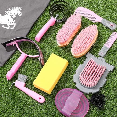 Abbylike 12 Pieces Horse Grooming Kit Racing Festival Tack Room Supplies Horse Brush Sets Equine Care Cleaning Kit Shedding Grooming Massaging Tools(Pink and Grey) - color: Gray