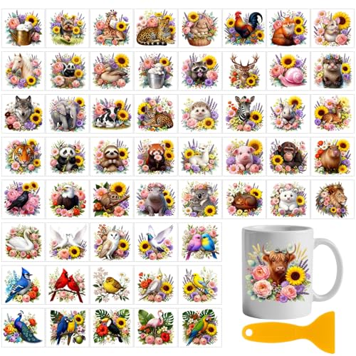 GLOBLELAND 56 Sheets Floral Animals Transfer Sticker for Craft 3.9x3.6 inch Rabbit Sheep Goose Decal Stickers Sunflowers Roses Rub on Transfer for Autumn Vase Cup Bottle Glass Wood Decor - color: Floral Animals