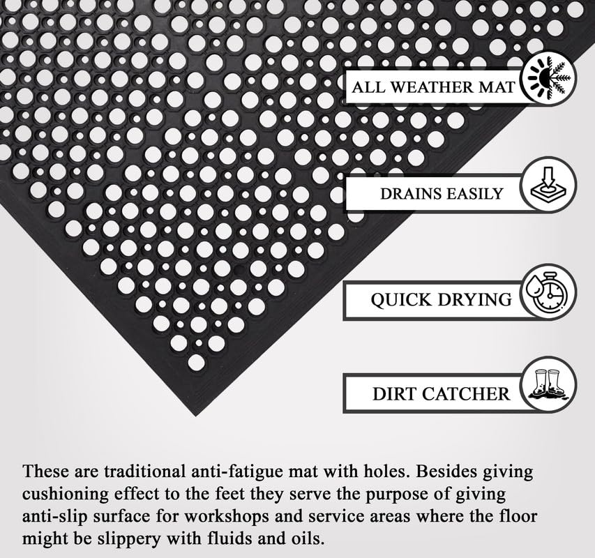 A1 Home Collections Anti Fatigue Mat, 0.6" Thick Heavy Duty Rubber Floor Mat with Drainage Holes - Non-Slip Kitchen, Bar & Restaurant Mat, 36x60 in (3 Pack) - size: 3 Pack - 60"L x 36"W x 0.6"Th