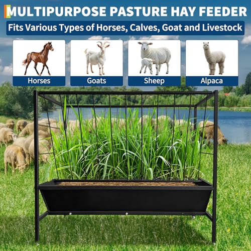 GarveeLife Pasture Hay Feeder 45 Gallon, Heavy Duty Steel 2-in-1 Livestock Feeder, Hay Grain Feeding Trough with 24 Gallon Feed Pan, Livestock Feeder for Sheep, Calf, Cow and Horse, Black