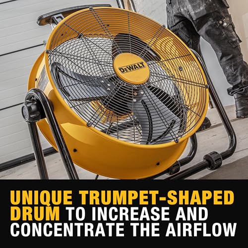 DEWALT 20 Inch Floor Fan, 180° Adjustable Tilting Drum Fan DXF2042 | 5000CFM 3-Speed High Velocity Fan Quick Cooling Portable Metal Industrial fan for Shop/Garage/Gym/Patio/Warehouse Yellow - style: DXF2042