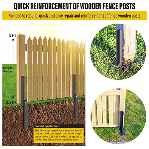 Heavy Duty Steel Repair Stakes, Anchor Ground Spike, for Repair Tilted/Broken Wood Fence Post (2 Pack/Black）